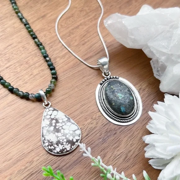 ⚡️LOT⚡️ Solid 925 Pendants Chrysocolla Wild Horse Agate Gemstone Necklace Chain - Picture 3 of 11